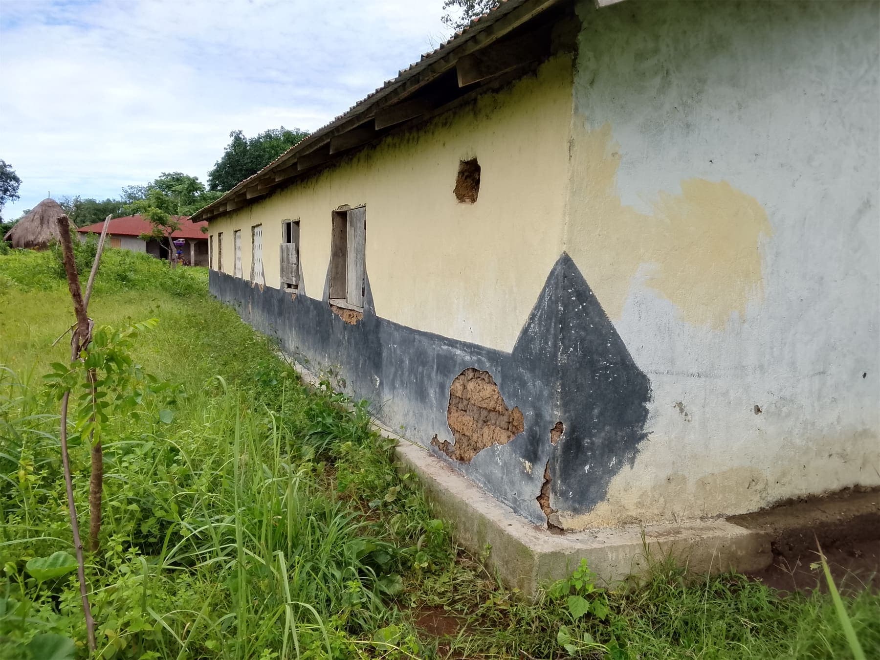The outside wall of a school building with cracked, peeling plaster and long grass growing beside it.